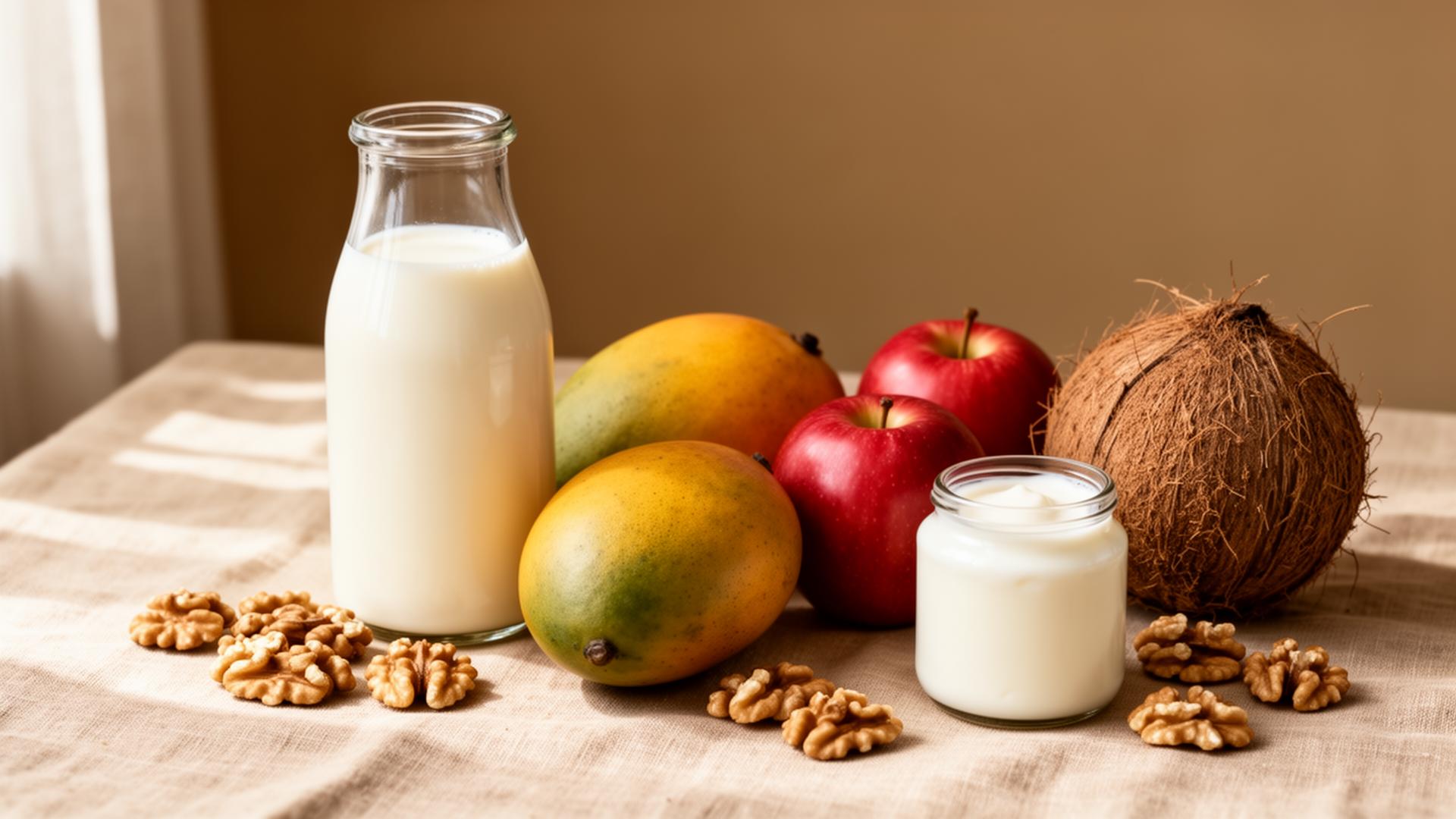 Ingredientes naturales: leche, mango, manzana, coco y nuez